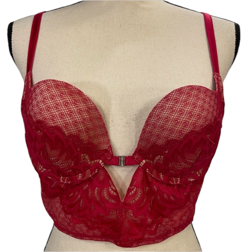 NWOT Adore Me Red Lace Padded Longline Plunge Rhinestone Detail Bra Size 38B